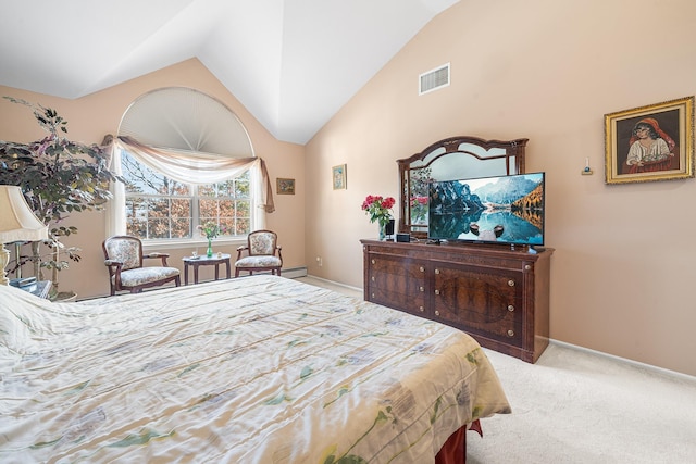 bedroom with lofted ceiling, a baseboard heating unit, carpet flooring, visible vents, and baseboards