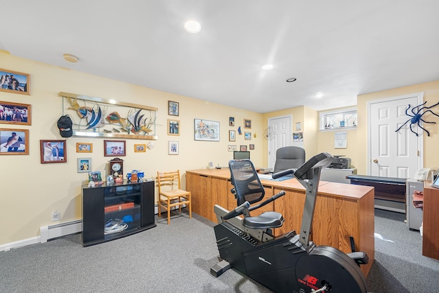 exercise room with baseboard heating, carpet, and recessed lighting