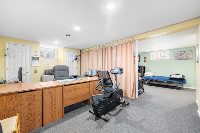 carpeted office space featuring baseboards and recessed lighting