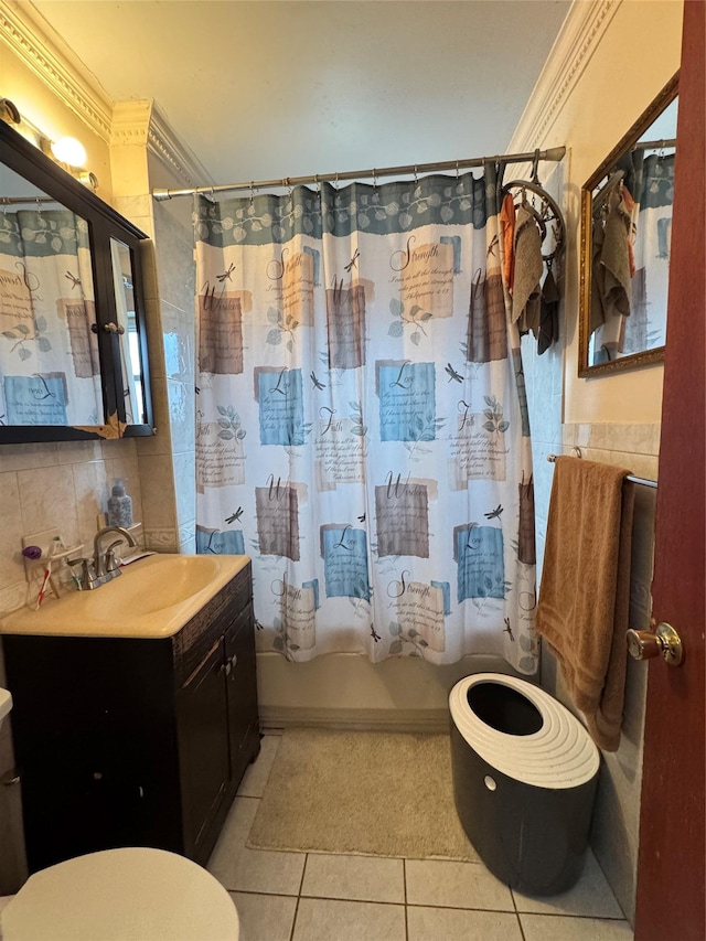 full bathroom with tile patterned flooring, toilet, shower / bathtub combination with curtain, and ornamental molding