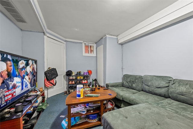 carpeted living room featuring visible vents