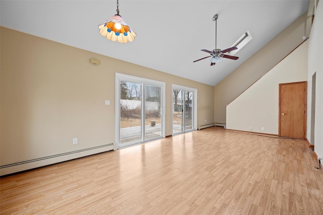 unfurnished living room with light wood-style floors, a baseboard radiator, ceiling fan, and baseboards