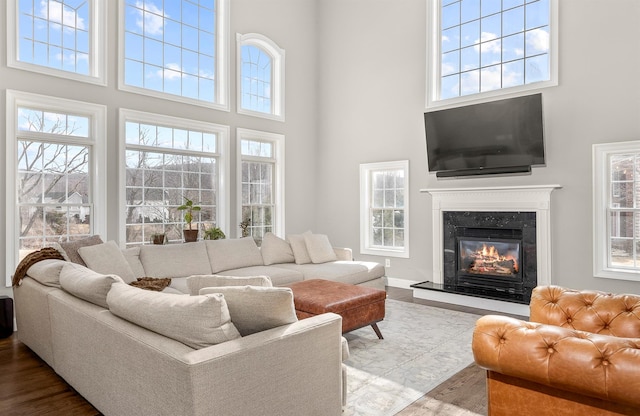 living area featuring a fireplace, a towering ceiling, and wood finished floors