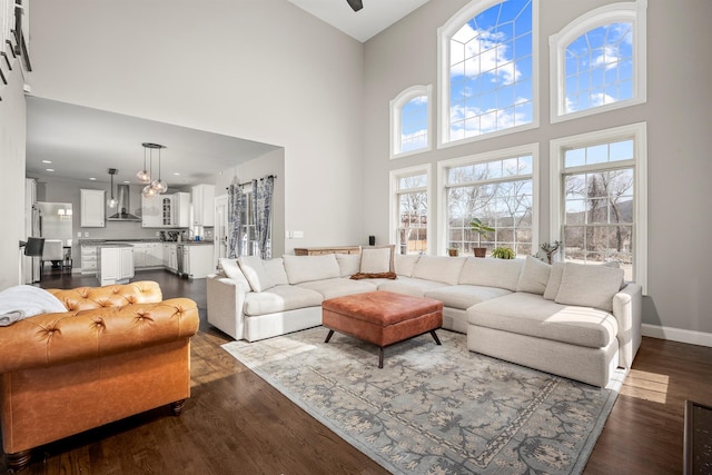 living area with baseboards, a high ceiling, and dark wood-style floors