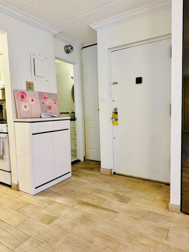 kitchen featuring light wood finished floors, light countertops, ornamental molding, and white cabinetry