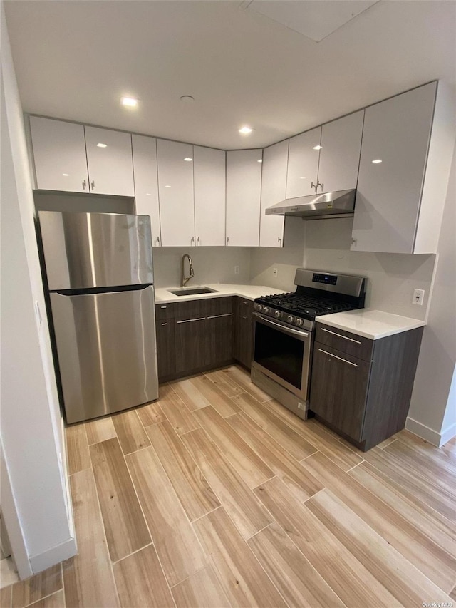 kitchen with under cabinet range hood, stainless steel appliances, a sink, dark brown cabinets, and light countertops