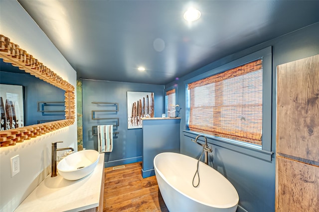 full bathroom featuring a freestanding tub, wood finished floors, radiator, walk in shower, and vanity