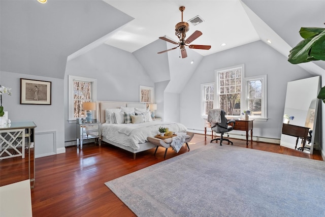 bedroom featuring a baseboard radiator, lofted ceiling, visible vents, wood finished floors, and baseboards