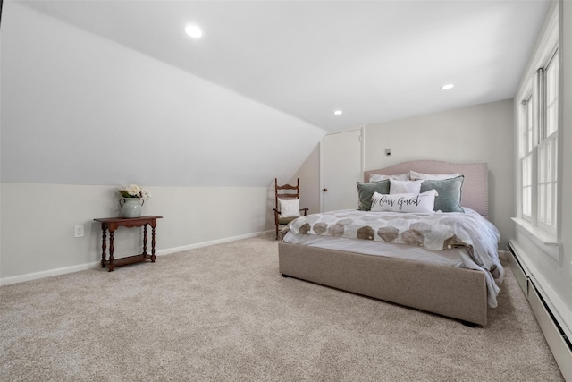 bedroom featuring recessed lighting, carpet flooring, baseboards, vaulted ceiling, and baseboard heating