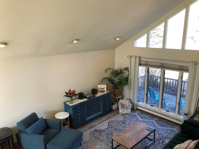 living room with a baseboard radiator and lofted ceiling