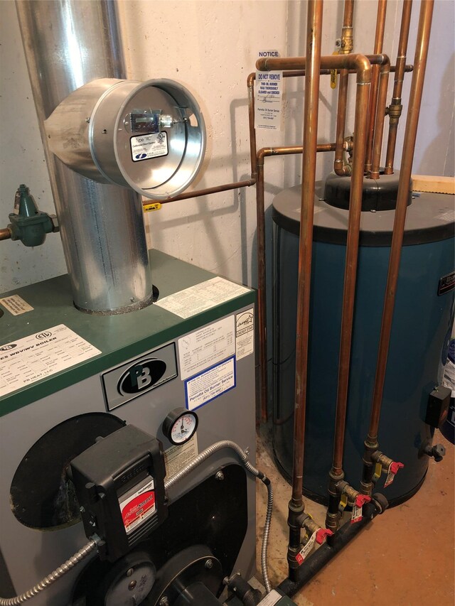 utility room with water heater and a heating unit