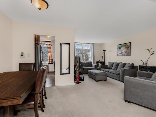 living room with light colored carpet