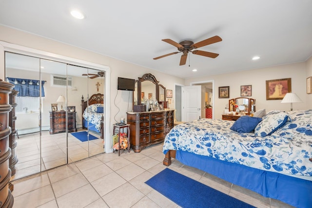 15744 97th St, Howard Beach, NY 11414 - bedroom featuring tile patterned flooring, a wall unit AC, baseboard heating, and recessed lighting