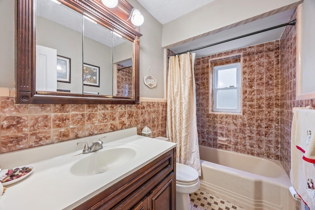 15744 97th St, Howard Beach, NY 11414 - full bath featuring toilet, vanity, tile walls, wainscoting, and shower / bath combo with shower curtain