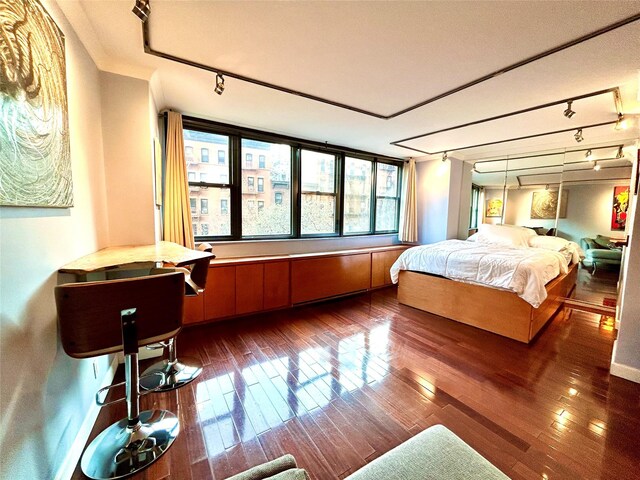 bedroom featuring track lighting and dark wood-type flooring