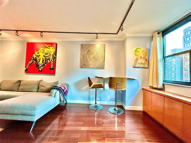 sitting room with baseboards, wood finished floors, rail lighting, and crown molding