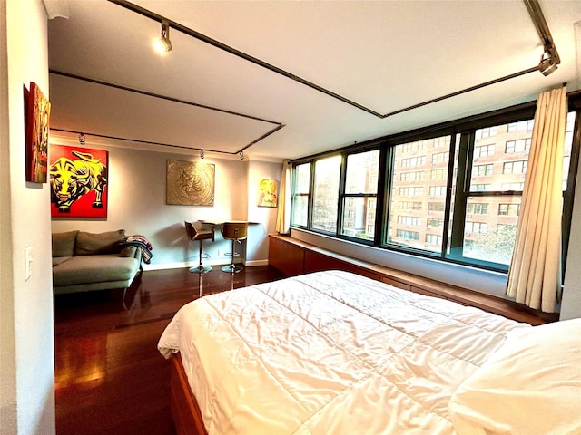 bedroom featuring track lighting, baseboards, and wood finished floors