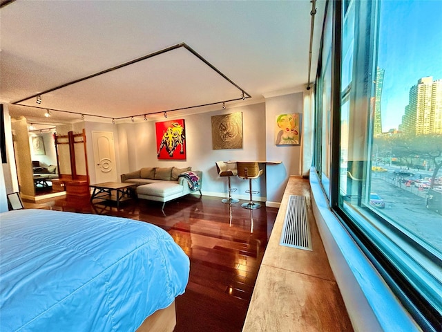 bedroom featuring baseboards, a view of city, and wood finished floors