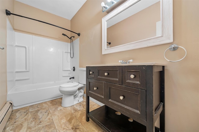 bathroom with shower / bath combination, toilet, vanity, and baseboard heating