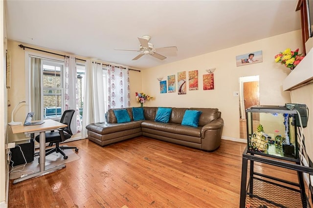 living room featuring light wood finished floors and ceiling fan