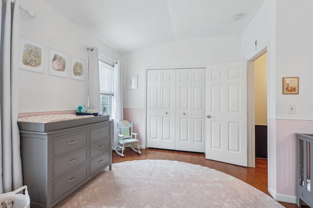 bedroom featuring lofted ceiling, a closet, and wood finished floors