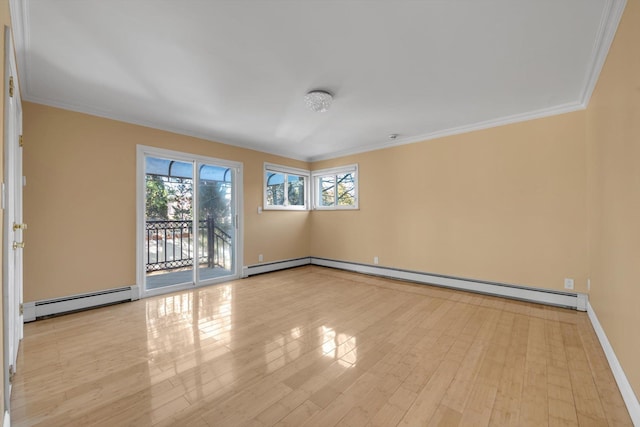 unfurnished room featuring a baseboard radiator, baseboards, wood finished floors, and ornamental molding