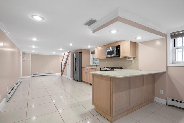 kitchen featuring appliances with stainless steel finishes, a baseboard radiator, visible vents, and light brown cabinets