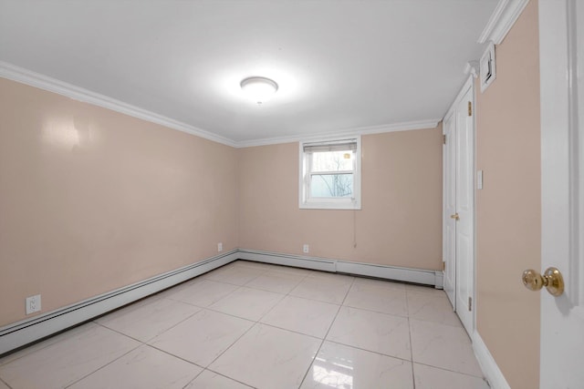 empty room featuring a baseboard radiator, visible vents, and crown molding