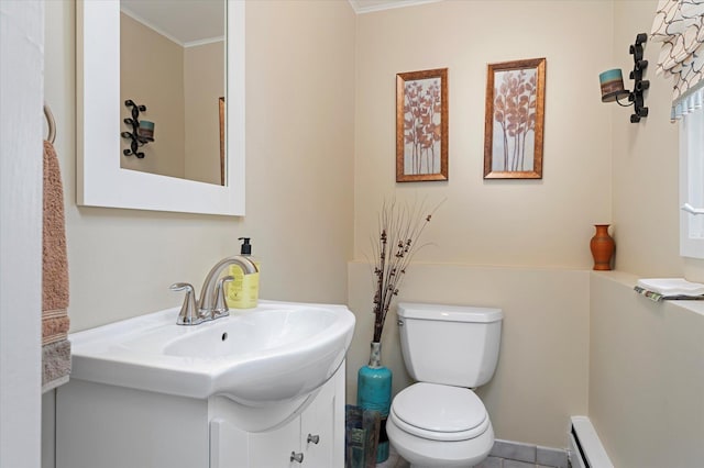 bathroom featuring ornamental molding, a baseboard radiator, vanity, and toilet