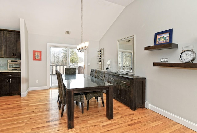 dining room featuring a chandelier, visible vents, light wood-style flooring, and baseboards