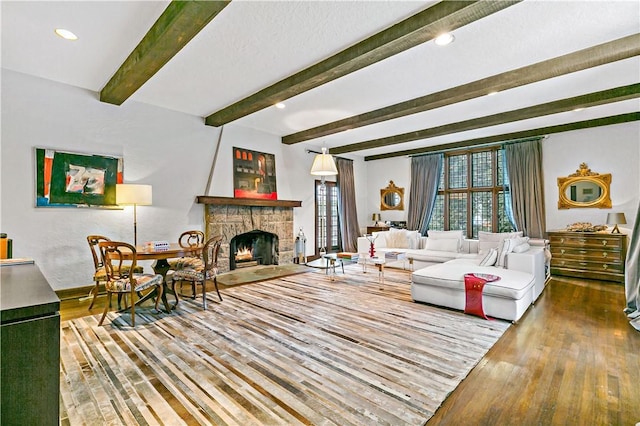 31 Old Army Rd, Scarsdale, NY 10583 - living room featuring a fireplace, recessed lighting, hardwood / wood-style floors, baseboards, and beam ceiling