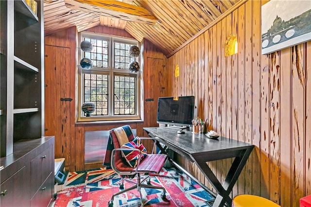 31 Old Army Rd, Scarsdale, NY 10583 - office area with wooden ceiling, wooden walls, and vaulted ceiling
