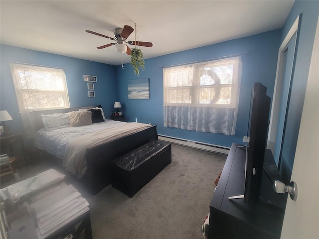 bedroom featuring a baseboard radiator, a ceiling fan, and carpet flooring