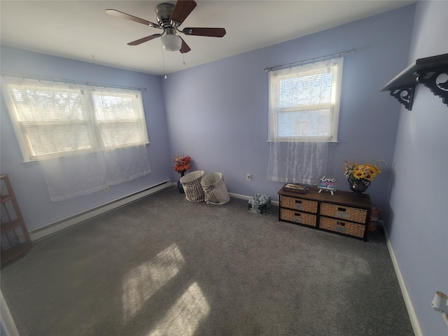 unfurnished bedroom with carpet, baseboards, and baseboard heating