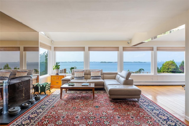 living room featuring a water view, a healthy amount of sunlight, baseboard heating, and hardwood / wood-style floors