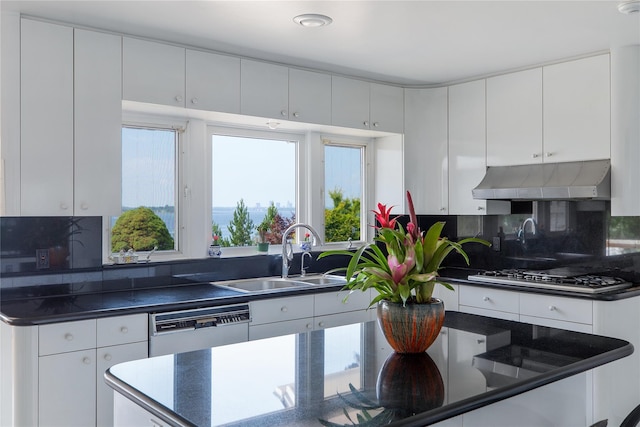 kitchen with gas stovetop, dark countertops, a sink, under cabinet range hood, and dishwashing machine