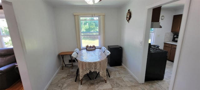 dining room featuring crown molding and baseboards