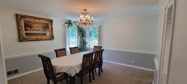 dining space featuring carpet floors, visible vents, baseboards, and an inviting chandelier