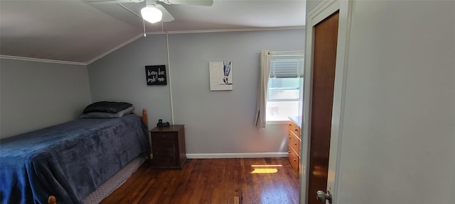 bedroom featuring baseboards, a ceiling fan, lofted ceiling, ornamental molding, and wood finished floors