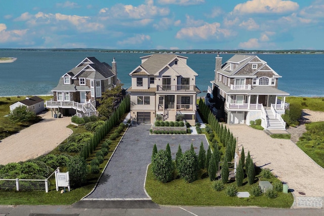 bird's eye view featuring a water view and a residential view