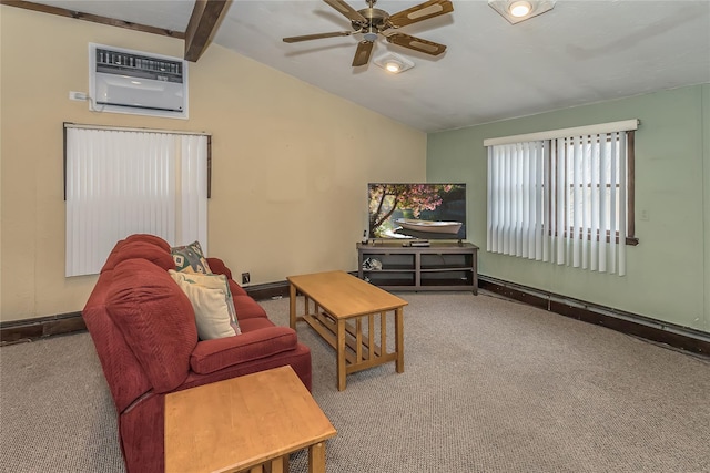 carpeted living room featuring a ceiling fan, a wall mounted air conditioner, vaulted ceiling with beams, and baseboards