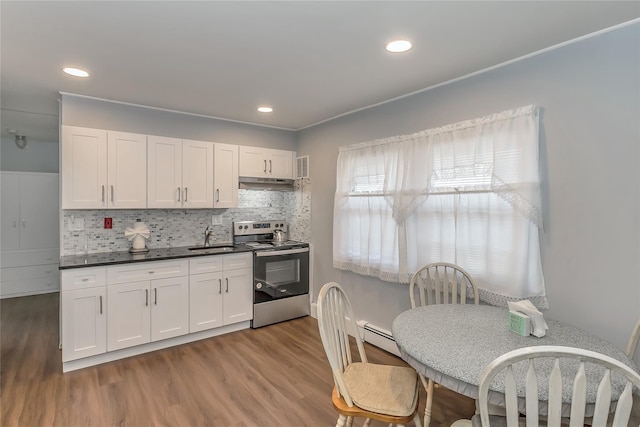 kitchen with stainless steel electric range oven, wood finished floors, under cabinet range hood, a baseboard heating unit, and a sink