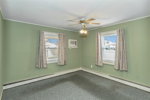 empty room with ceiling fan, a wall mounted AC, a baseboard radiator, and a healthy amount of sunlight