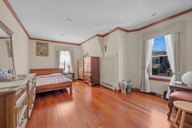 bedroom with wood-type flooring, ornamental molding, and baseboard heating