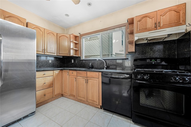 kitchen featuring open shelves, tasteful backsplash, a sink, under cabinet range hood, and black appliances