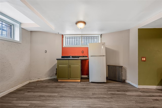 kitchen featuring green cabinetry, radiator, dark wood-style flooring, freestanding refrigerator, and a sink