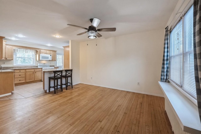 living room featuring a ceiling fan, light wood-type flooring, and baseboards