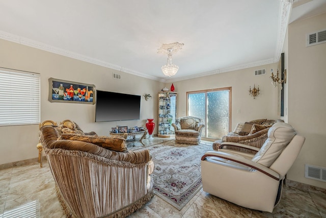 living area with visible vents and ornamental molding