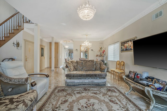 living area featuring a chandelier, visible vents, and ornamental molding