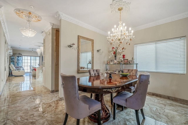 dining area with a chandelier, marble finish floor, crown molding, and baseboards